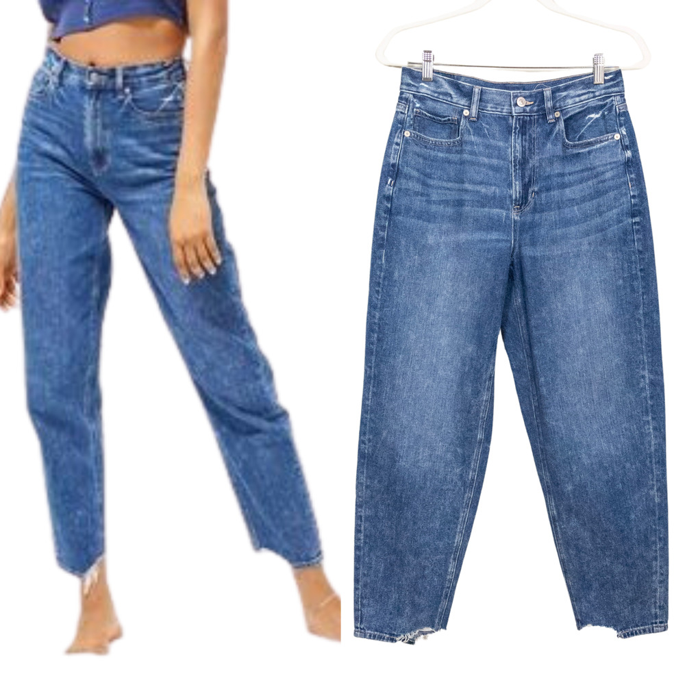 AMERICAN EAGLE Medium Wash Relaxed Mom Jean Distressed Hem High Rise Women's 6